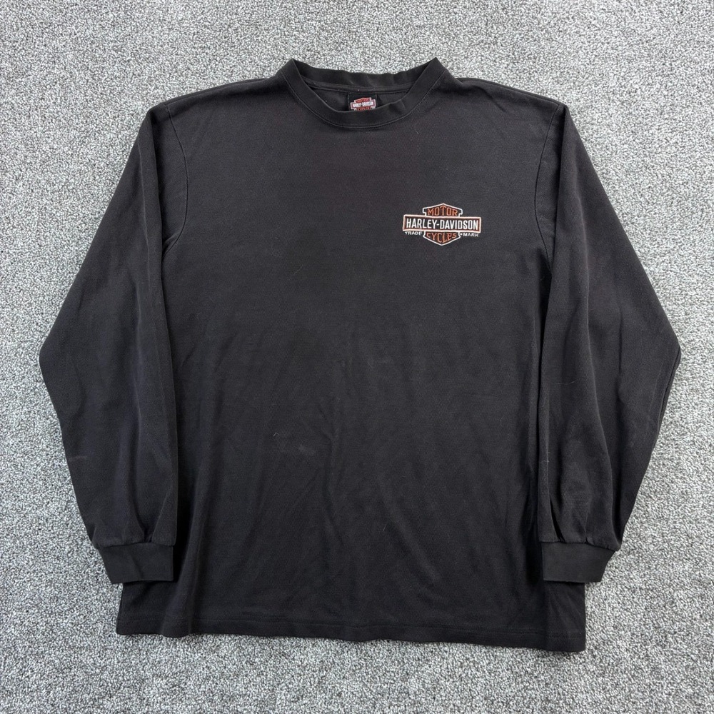 Vintage Y2K Harley Davidson Shirt Mens 2XL Black Long Sleeve Thermal Embroidered